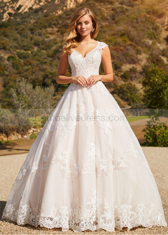 Ivory Lace Sparkle Tulle Wedding Dress With Champagne Lining